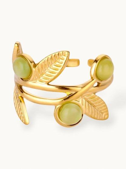 Nature-Inspired Leaf Vine Ring with Green Stone Trio