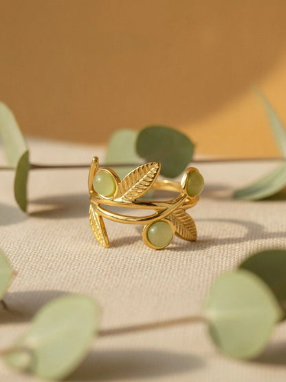 Nature-Inspired Leaf Vine Ring with Green Stone Trio