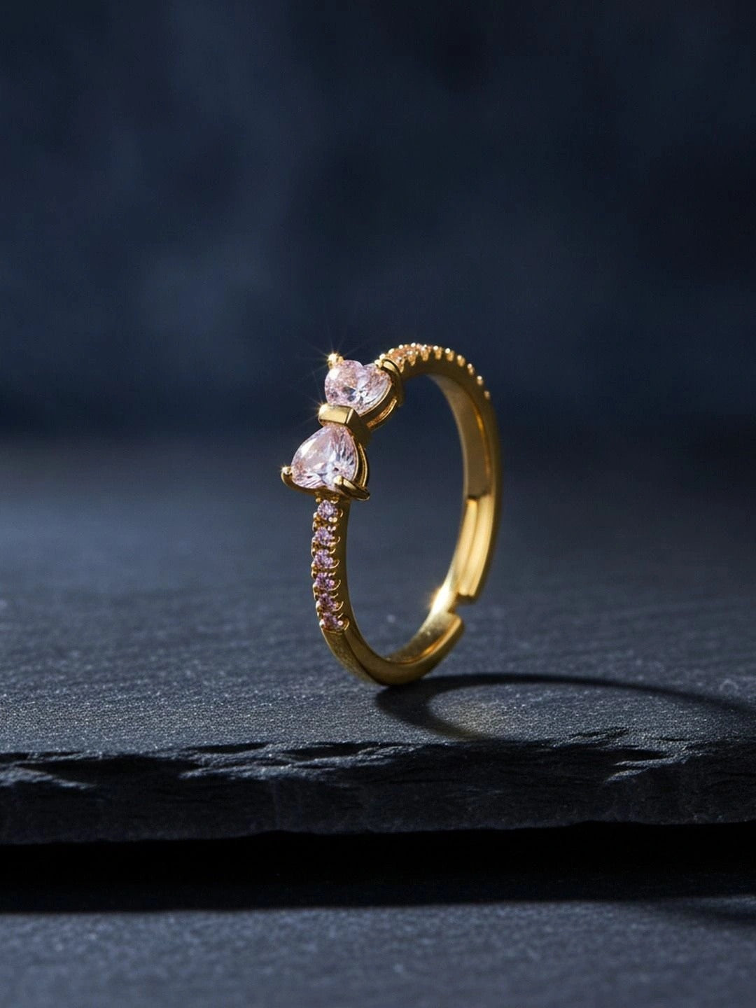 Delicate Pave Solitaire Stackable Heart Shape Diamond Bow Ring