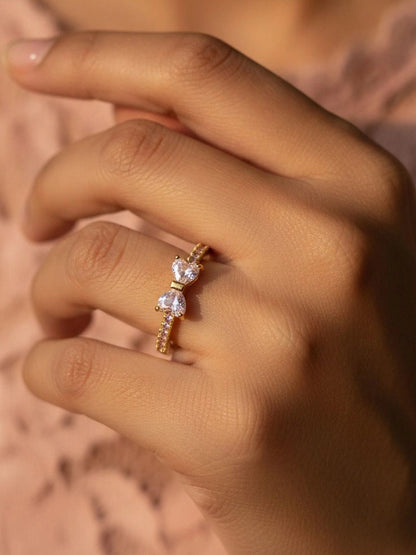Delicate Pave Solitaire Stackable Heart Shape Diamond Bow Ring