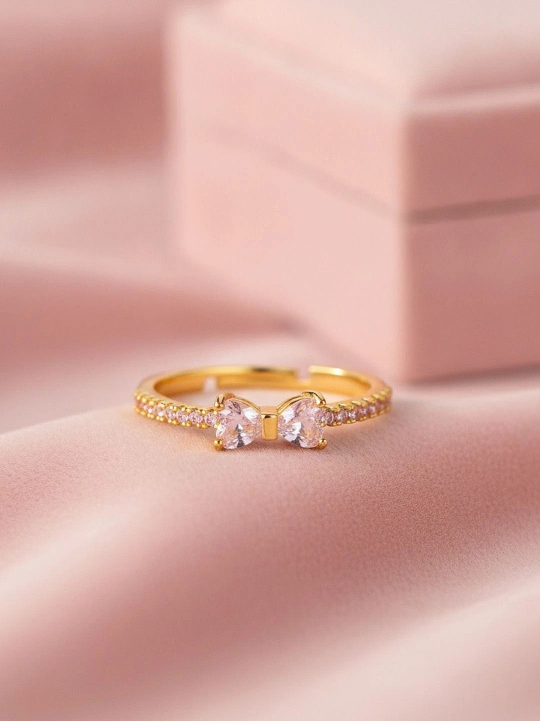 Delicate Pave Solitaire Stackable Heart Shape Diamond Bow Ring