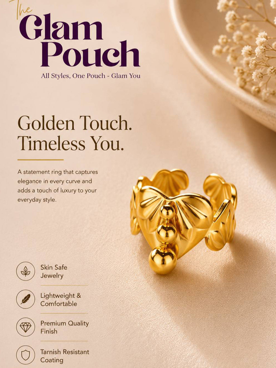Bold Polished Adjustable Heart Shape Gold Coated Ring