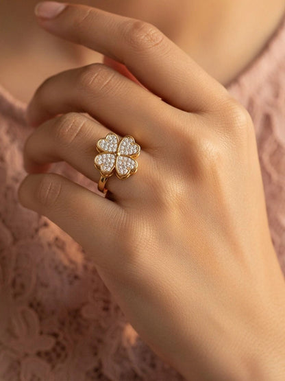 Lucky Pave Heart Clover Adjustable Diamond Ring