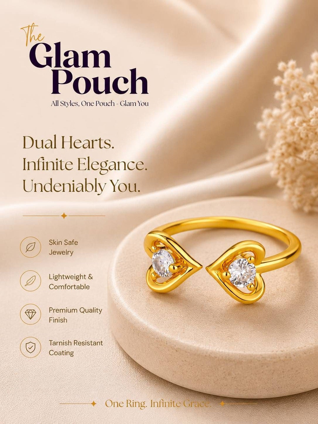 Dual Solitaire Stackable Heart Shape Gold Plated Diamond Ring