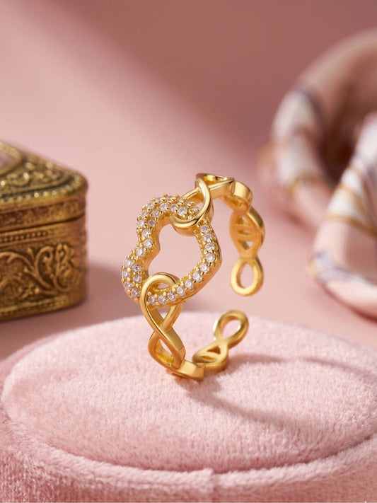 Pave Heart Cutout Link Adjustable Gold Diamond Ring