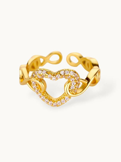 Pave Heart Cutout Link Adjustable Gold Diamond Ring