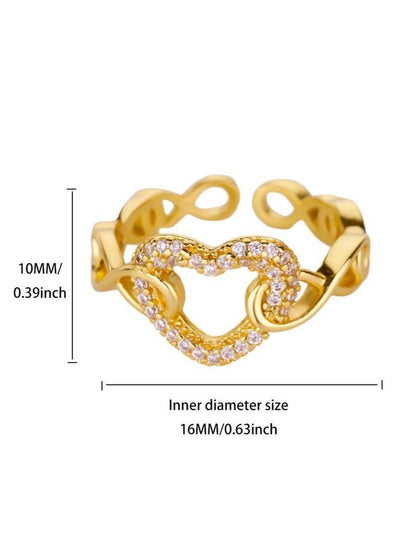 Pave Heart Cutout Link Adjustable Gold Diamond Ring
