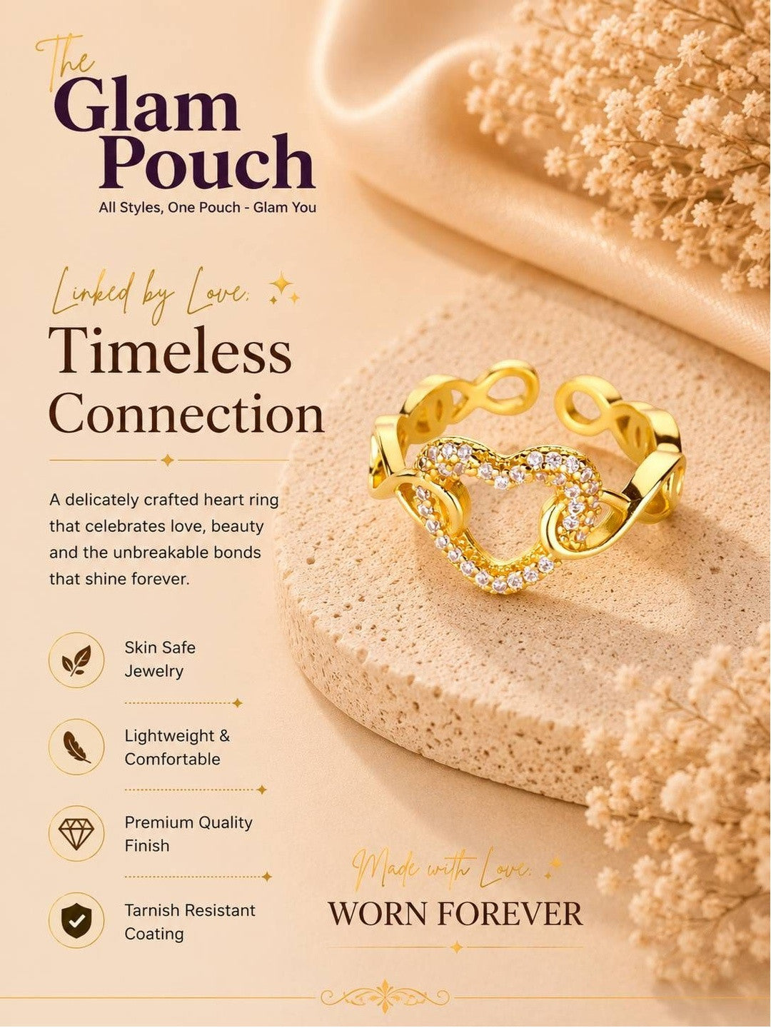 Pave Heart Cutout Link Adjustable Gold Diamond Ring