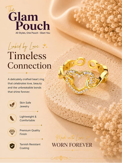 Pave Heart Cutout Link Adjustable Gold Diamond Ring