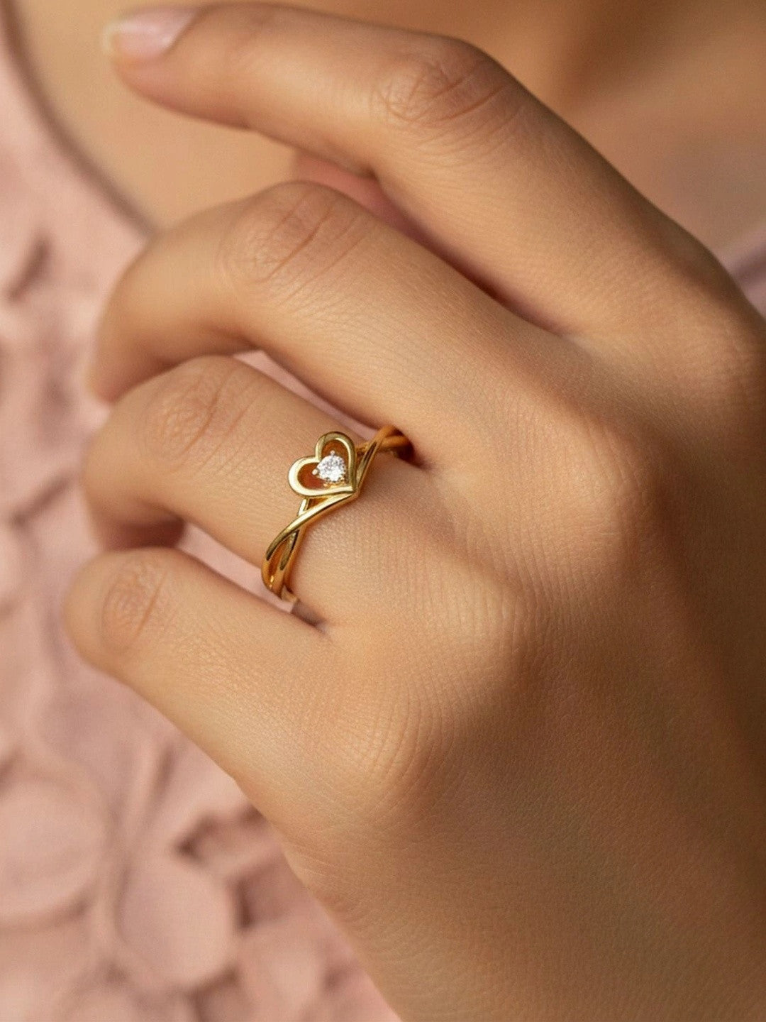 Intertwined Heart Shaped Solitaire Gold-Plated Diamond Band Ring