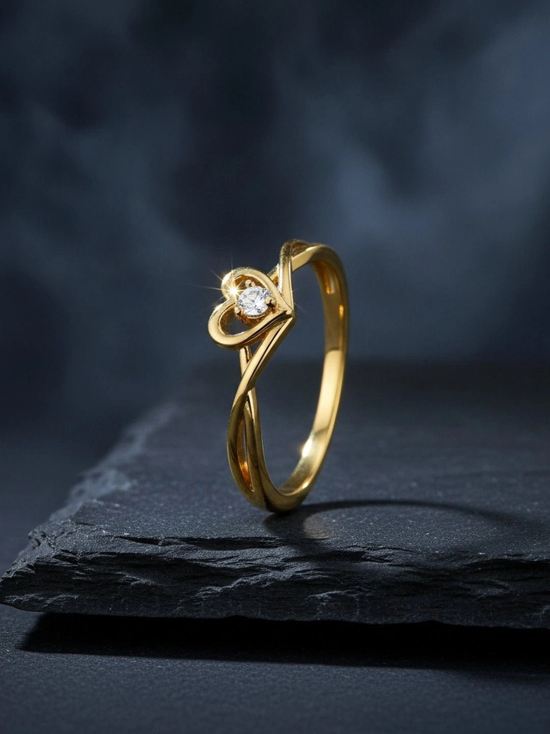 Intertwined Heart Shaped Solitaire Gold-Plated Diamond Band Ring