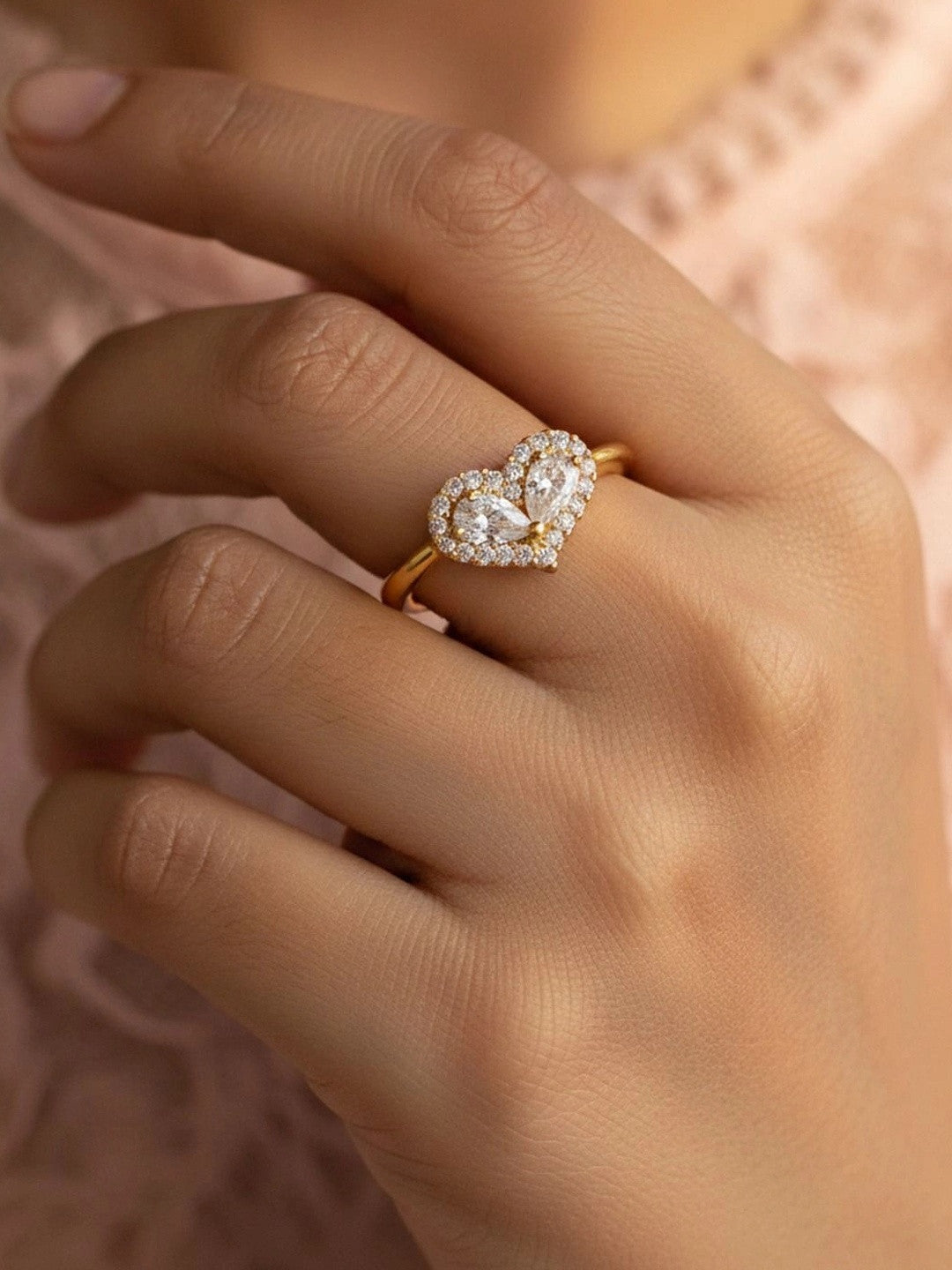 Dual Pear-Cut Heart Shaped Halo Stackable Ring