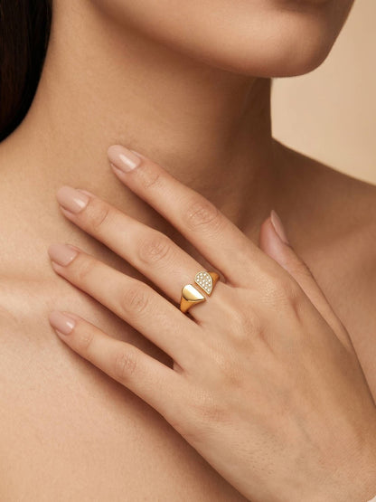 Split Heart Shape & Solid Adjustable Gold Plated Diamond Ring