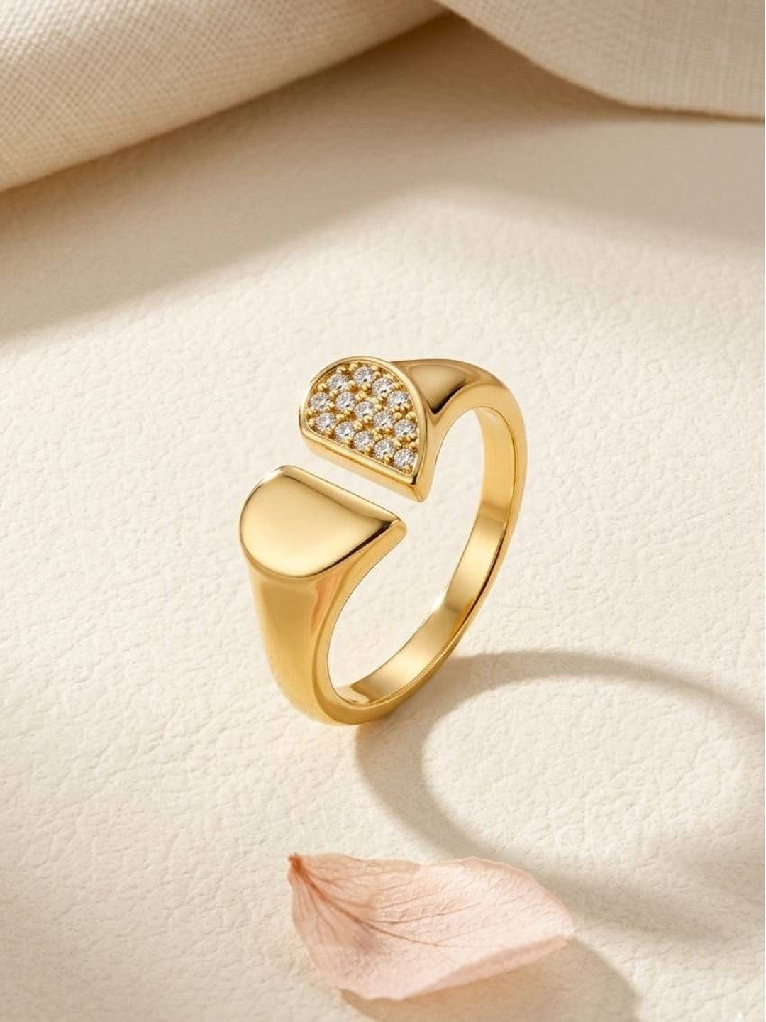 Split Heart Shape & Solid Adjustable Gold Plated Diamond Ring