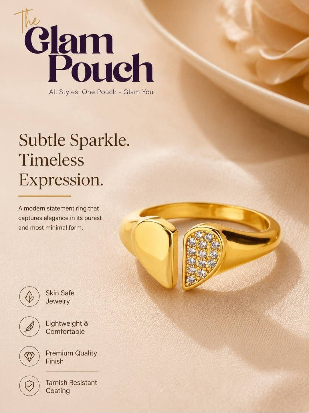 Split Heart Shape & Solid Adjustable Gold Plated Diamond Ring