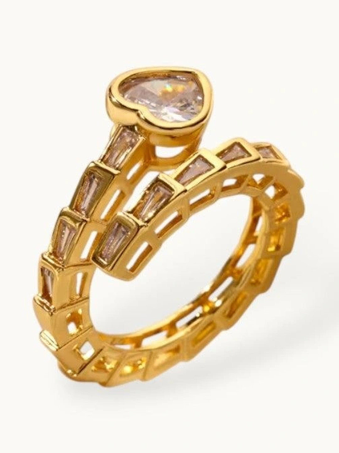 Heart Shaped Solitaire Baguette Serpent Wrap Gold Diamond Ring