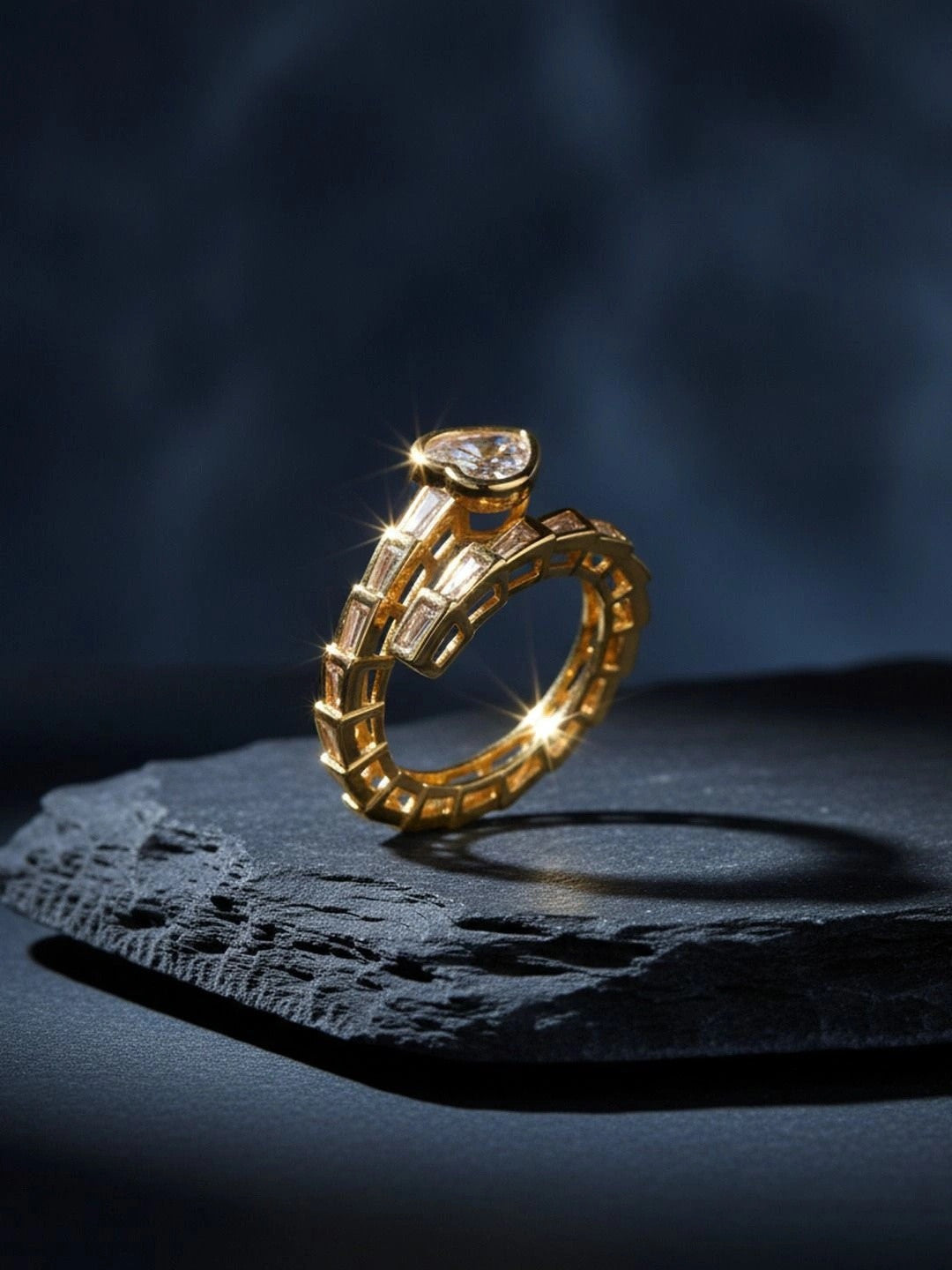 Heart Shaped Solitaire Baguette Serpent Wrap Gold Diamond Ring