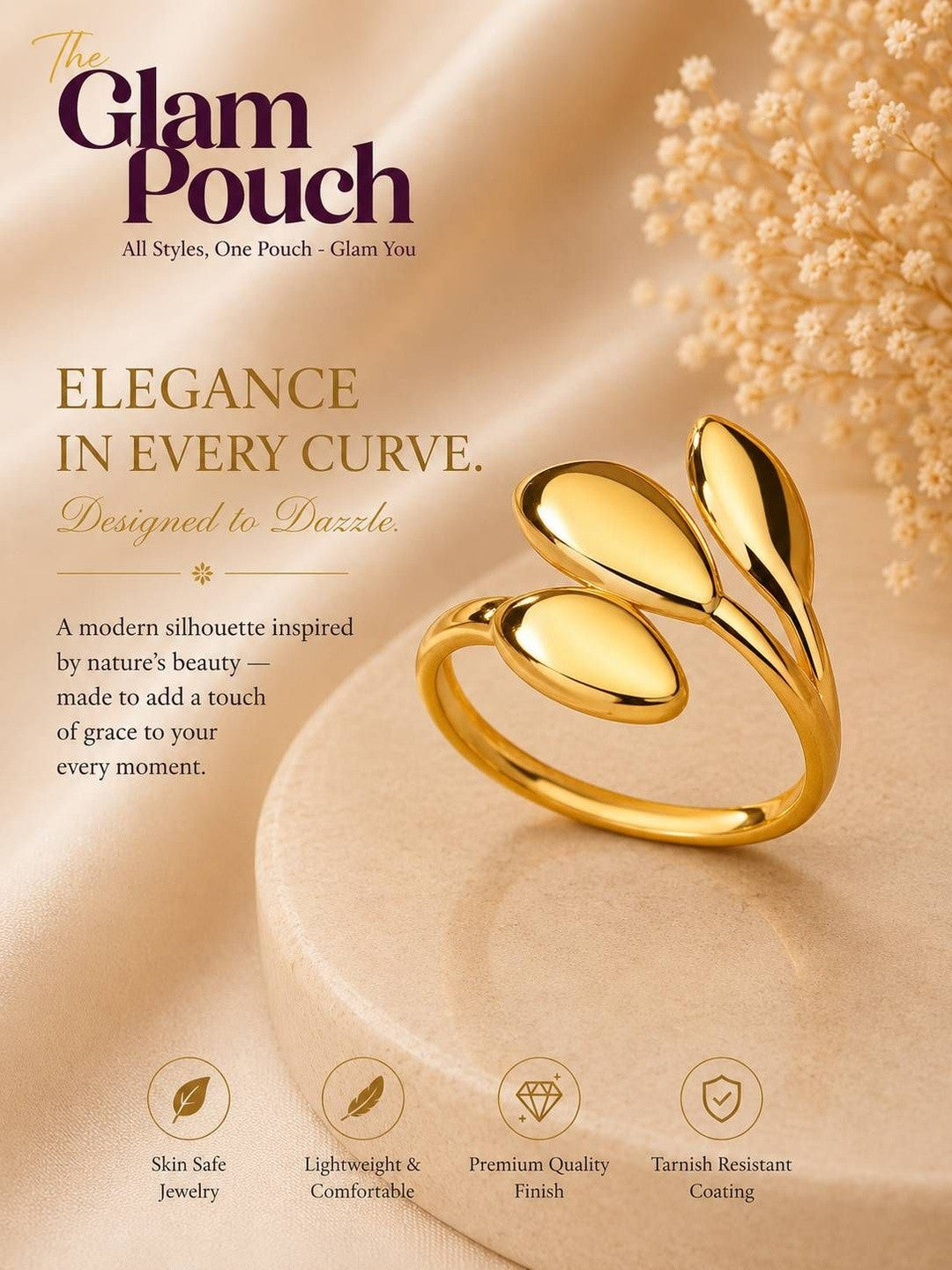 Sleek Triple Leaf Wrap Adjustable Ring