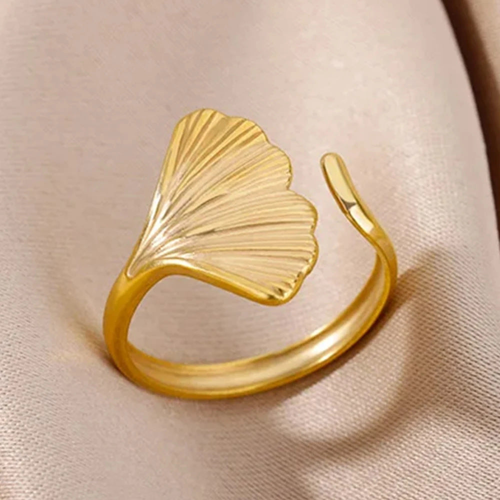 Polished Ginkgo Leaf Minimalist Adjustable Ring