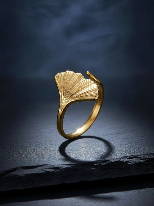 Polished Ginkgo Leaf Minimalist Adjustable Ring