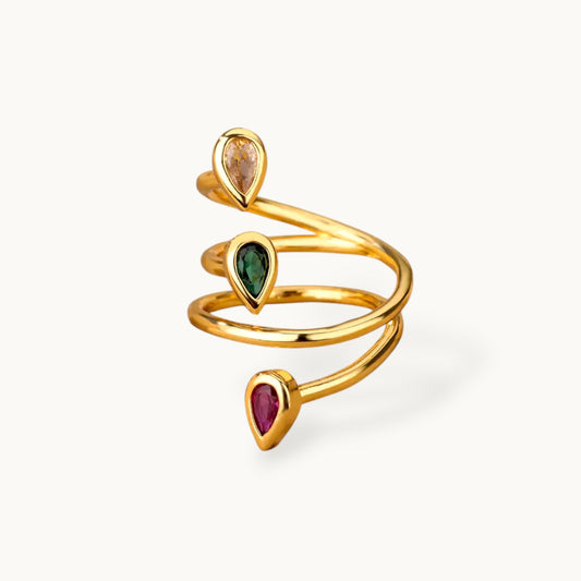 Tri- Stone Spiral Wrap Adjustable Statement Gold Ring