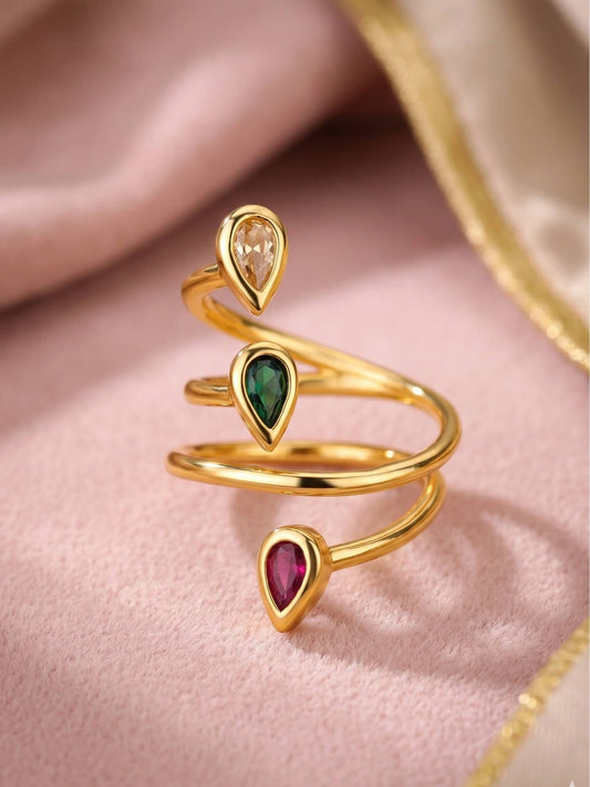Tri- Stone Spiral Wrap Adjustable Statement Gold Ring