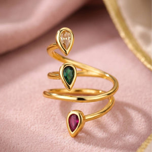 Tri- Stone Spiral Wrap Adjustable Statement Gold Ring