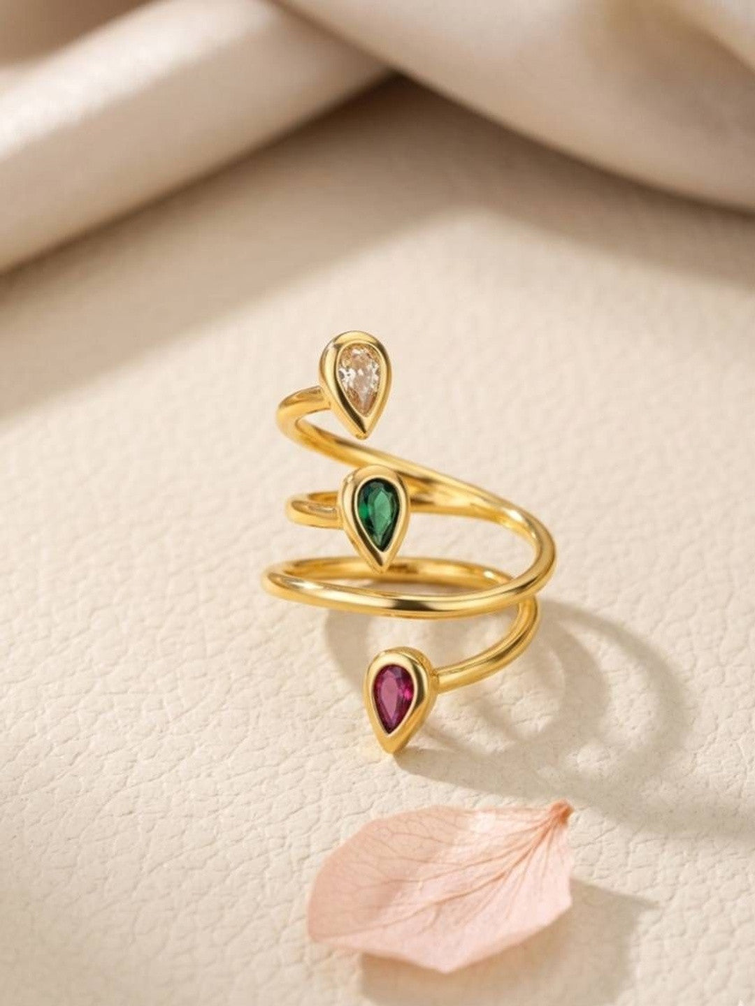 Tri- Stone Spiral Wrap Adjustable Statement Gold Ring