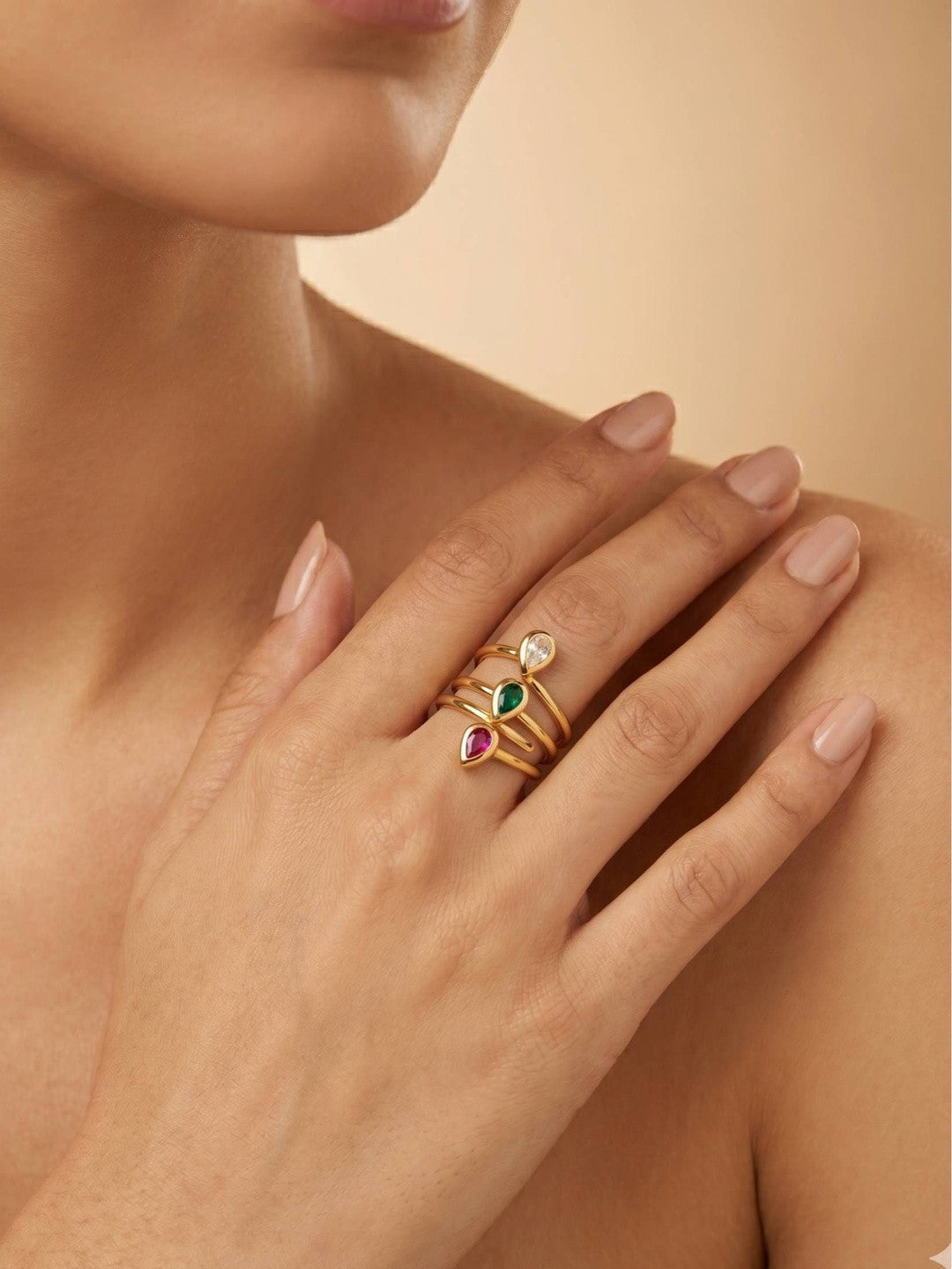 Tri- Stone Spiral Wrap Adjustable Statement Gold Ring