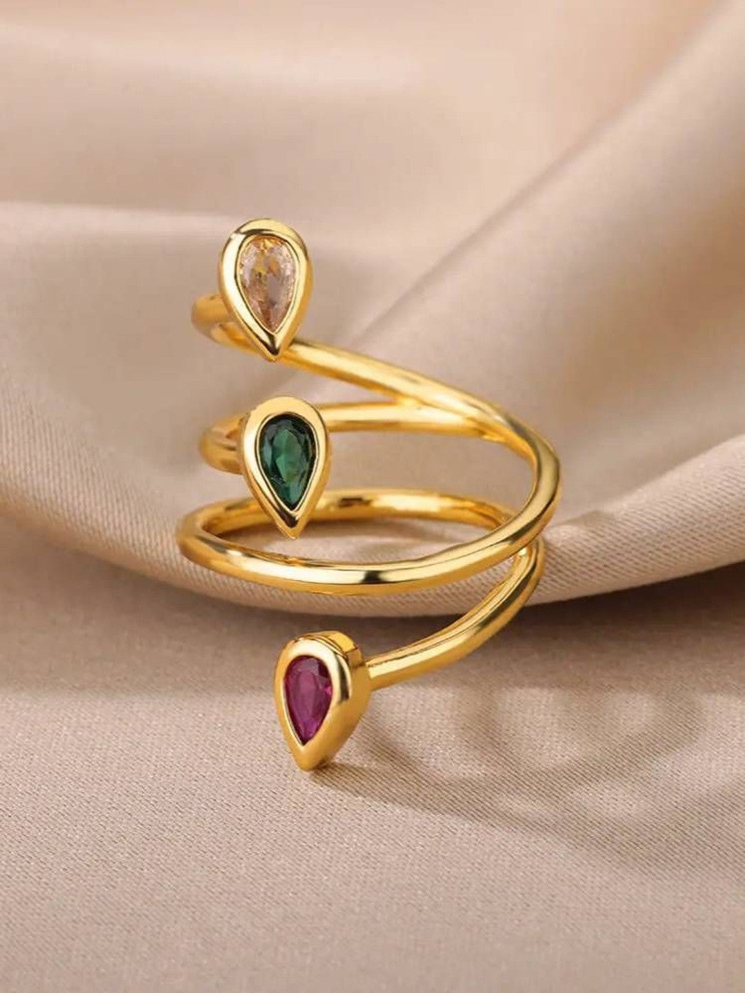 Tri- Stone Spiral Wrap Adjustable Statement Gold Ring