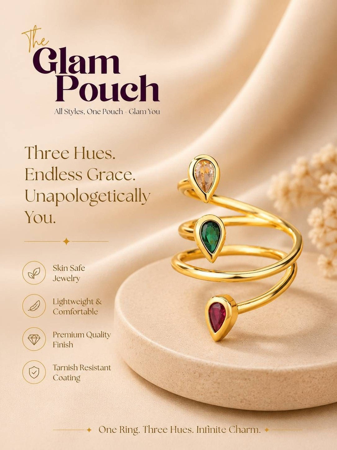 Tri- Stone Spiral Wrap Adjustable Statement Gold Ring