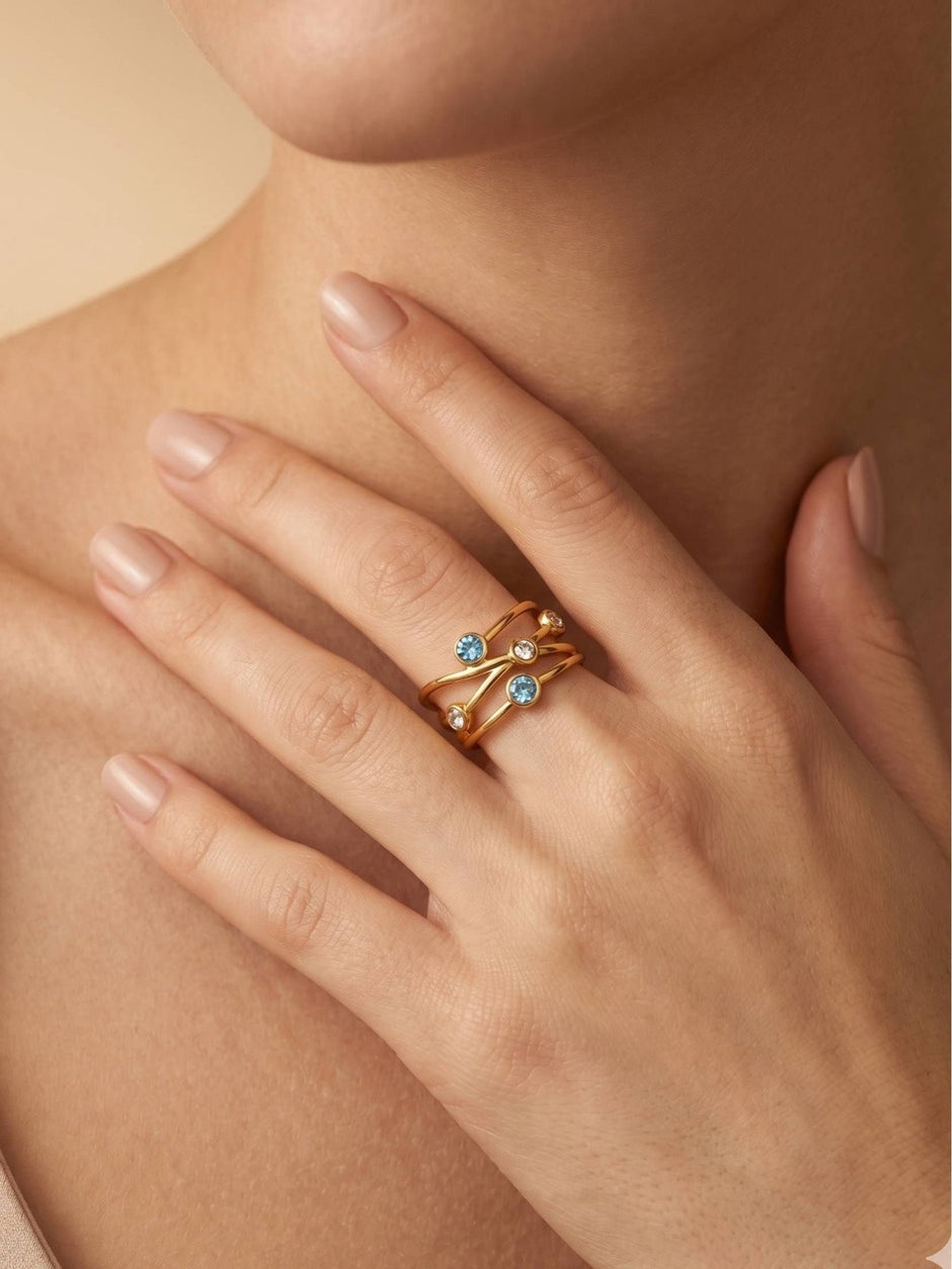 Crisscross Multi-Stone Stackable Gold Band Ring For Women