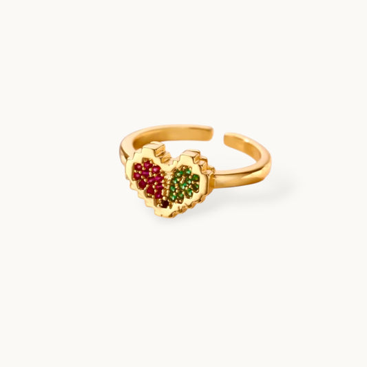 Retro Pixel Adjustable Heart Shape Ring with Multi-Color Stone