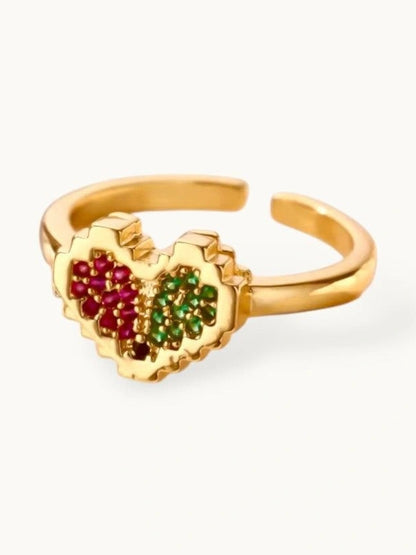 Retro Pixel Adjustable Heart Shape Ring with Multi-Color Stone