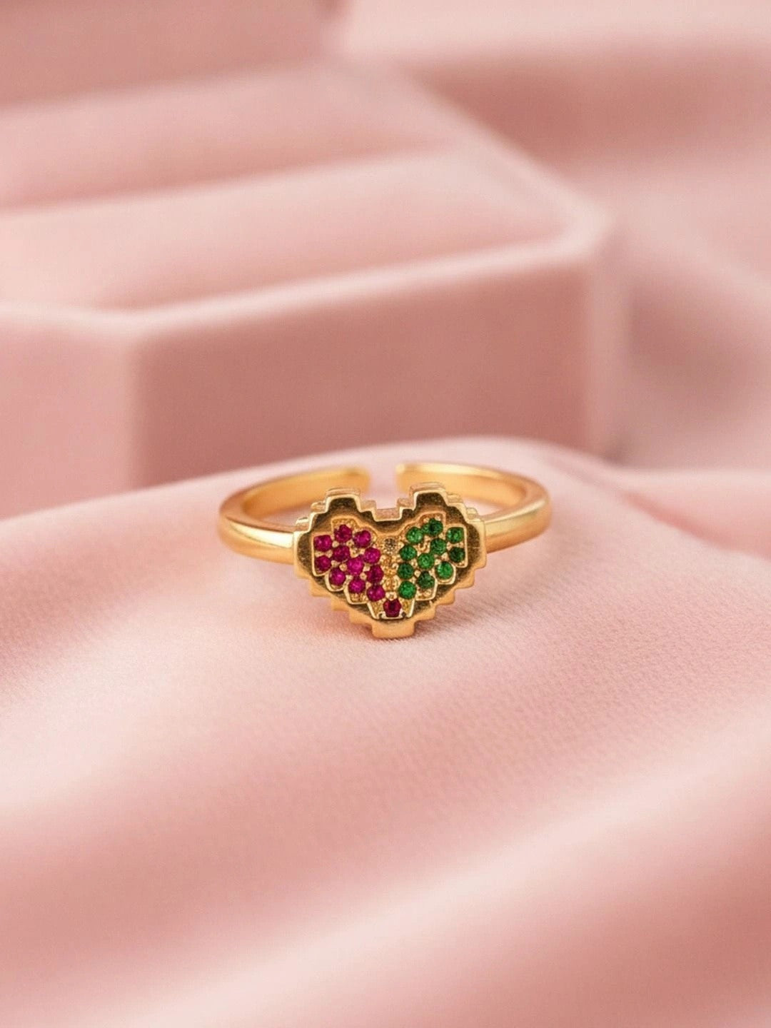 Retro Pixel Adjustable Heart Shape Ring with Multi-Color Stone