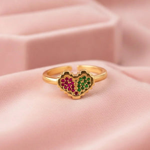 Retro Pixel Adjustable Heart Shape Ring with Multi-Color Stone
