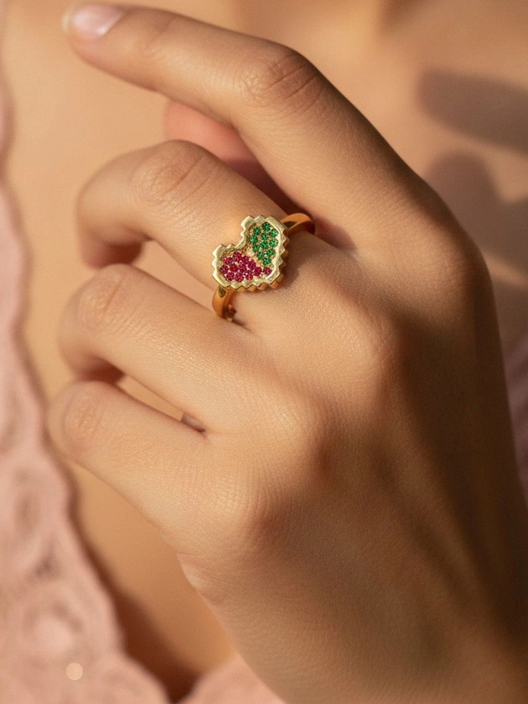 Retro Pixel Adjustable Heart Shape Ring with Multi-Color Stone