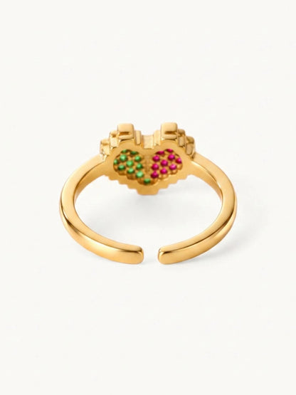 Retro Pixel Adjustable Heart Shape Ring with Multi-Color Stone