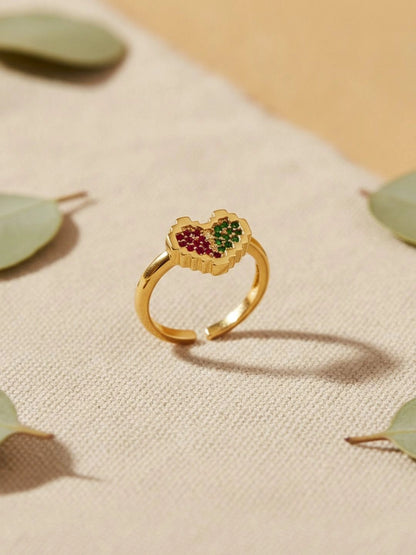 Retro Pixel Adjustable Heart Shape Ring with Multi-Color Stone