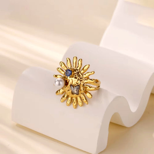 Bohemian Asymmetric Sunface Pearl Statement Ring