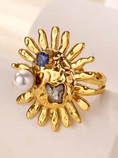 Bohemian Asymmetric Sunface Pearl Statement Ring