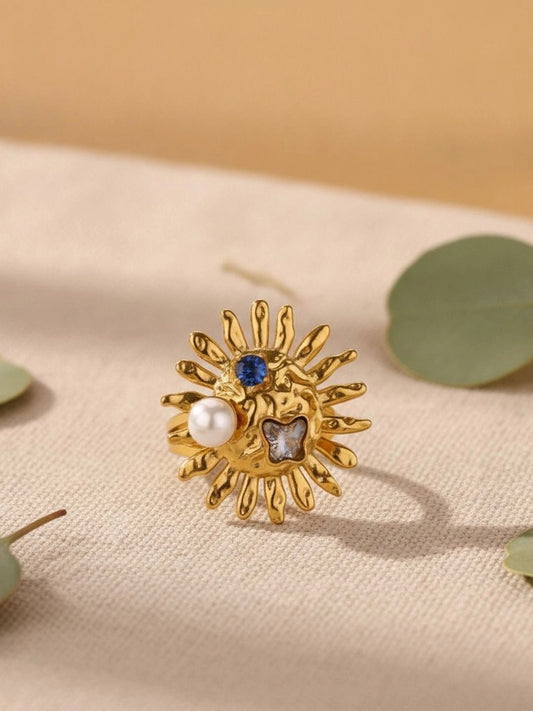 Bohemian Asymmetric Sunface Pearl Statement Ring