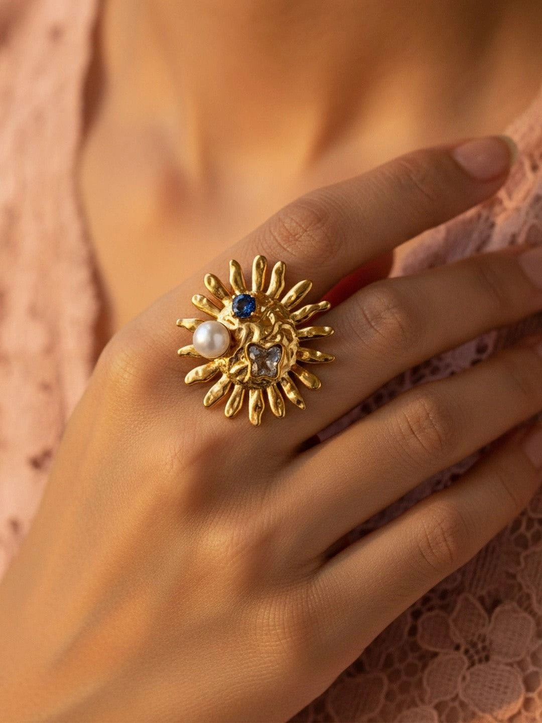Bohemian Asymmetric Sunface Pearl Statement Ring