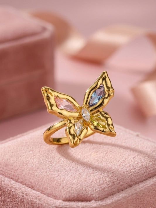 Vibrant Multi-Gem Stone Butterfly Statement Ring