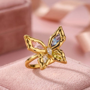 Vibrant Multi-Gem Stone Butterfly Statement Ring