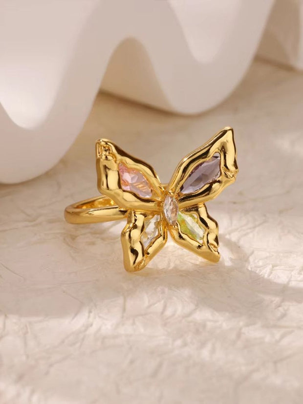 Vibrant Multi-Gem Stone Butterfly Statement Ring