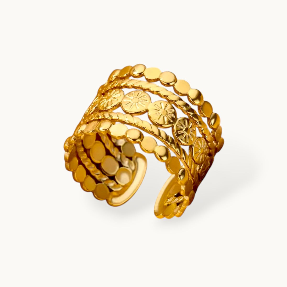 Boho Multi-Row Dot & Sunburst Stackable Wide Band Ring