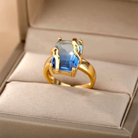 Bold Emerald-Cut Blue Ombre Stone Gold Statement Ring