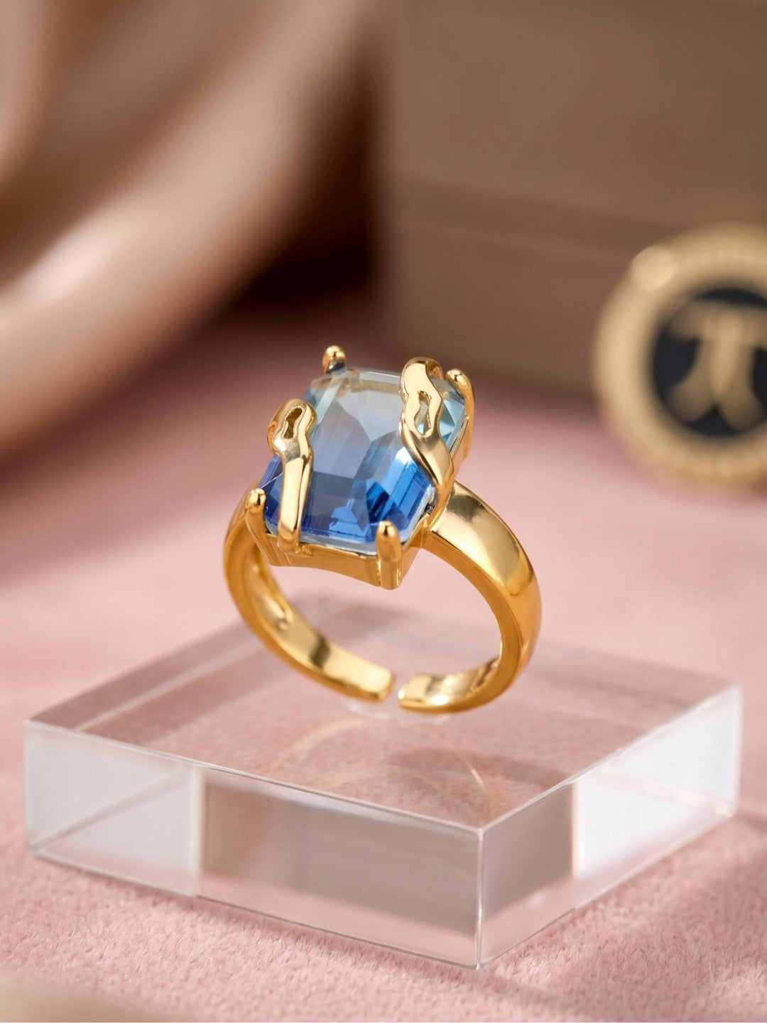 Bold Emerald-Cut Blue Ombre Stone Gold Statement Ring