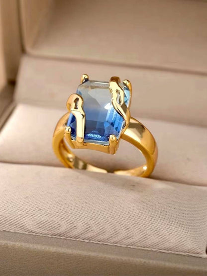 Bold Emerald-Cut Blue Ombre Stone Gold Statement Ring